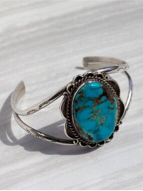 Vintage Sterling Silver Turquoise Statement Cuff Bracelet - Blue